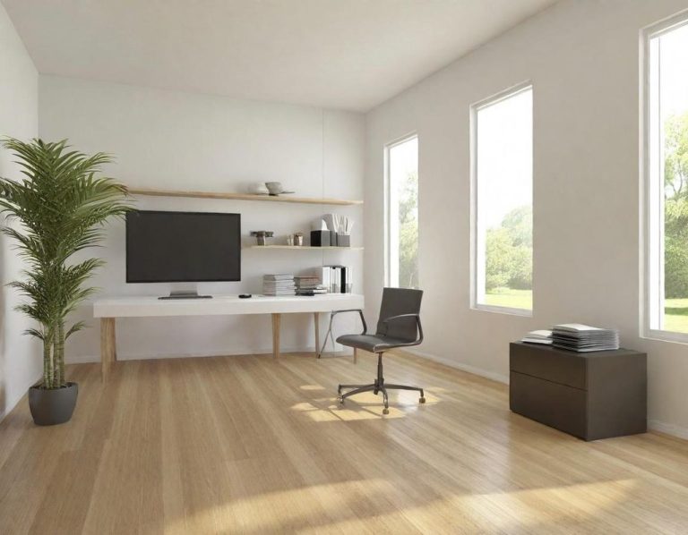 Modern home office with a desk, chair, TV, and large windows. Indoor plant adds greenery.