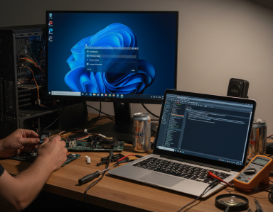 diagnostic A person works on a computer motherboard with two monitors displaying code and tasks.