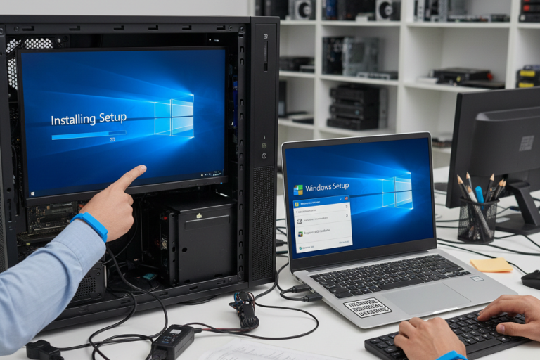 A person points at a computer screen displaying a Windows installation progress.