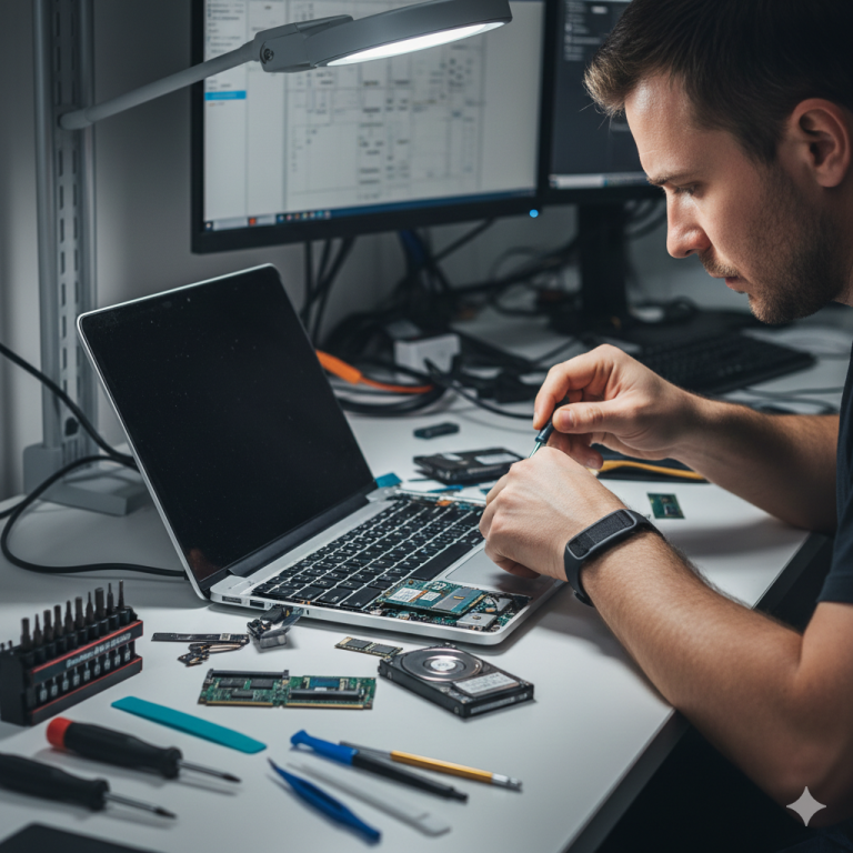 upgrades A person working on a circuit board with tools on a desk and computer screens in the background.