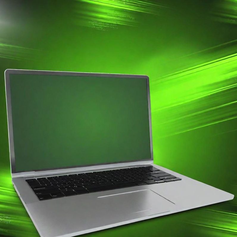 Laptop green background Laptop with a blank green screen on a dynamic green background.