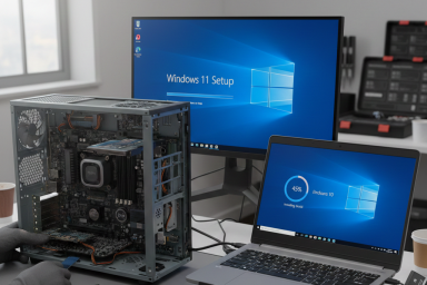 windows reinstallation A desktop computer being assembled next to a laptop displaying Windows 10 setup.