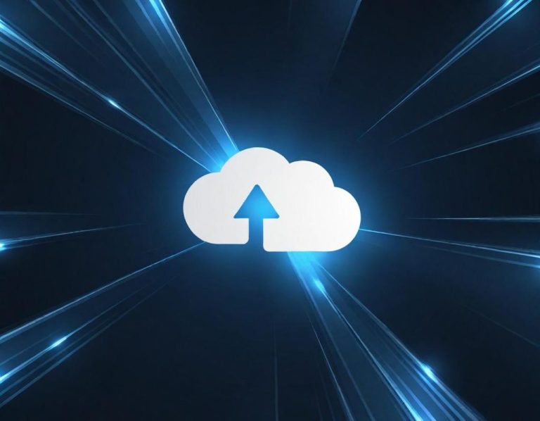 back up setup A cloud icon with an upward arrow on a dark, glowing background.