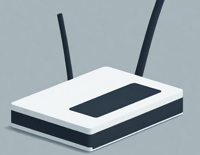 A sleek, modern wireless router with two antennas on a grey background.