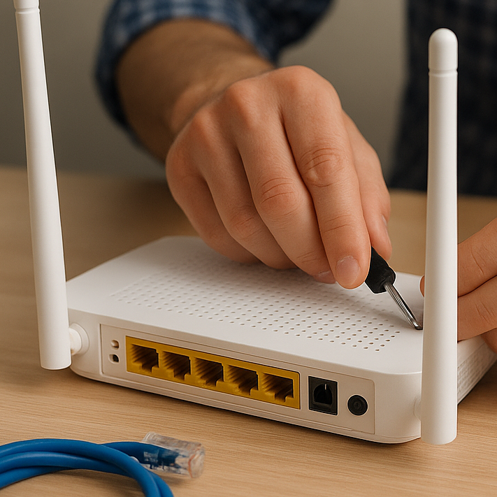 wifi and home networking A person using a screwdriver to adjust a wireless router on a table.