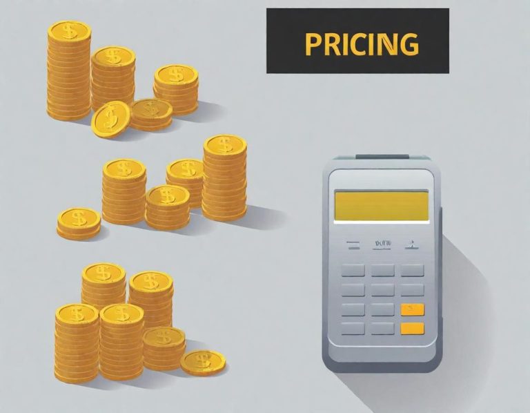 Stacks of gold coins next to a calculator with "PRICING" above.